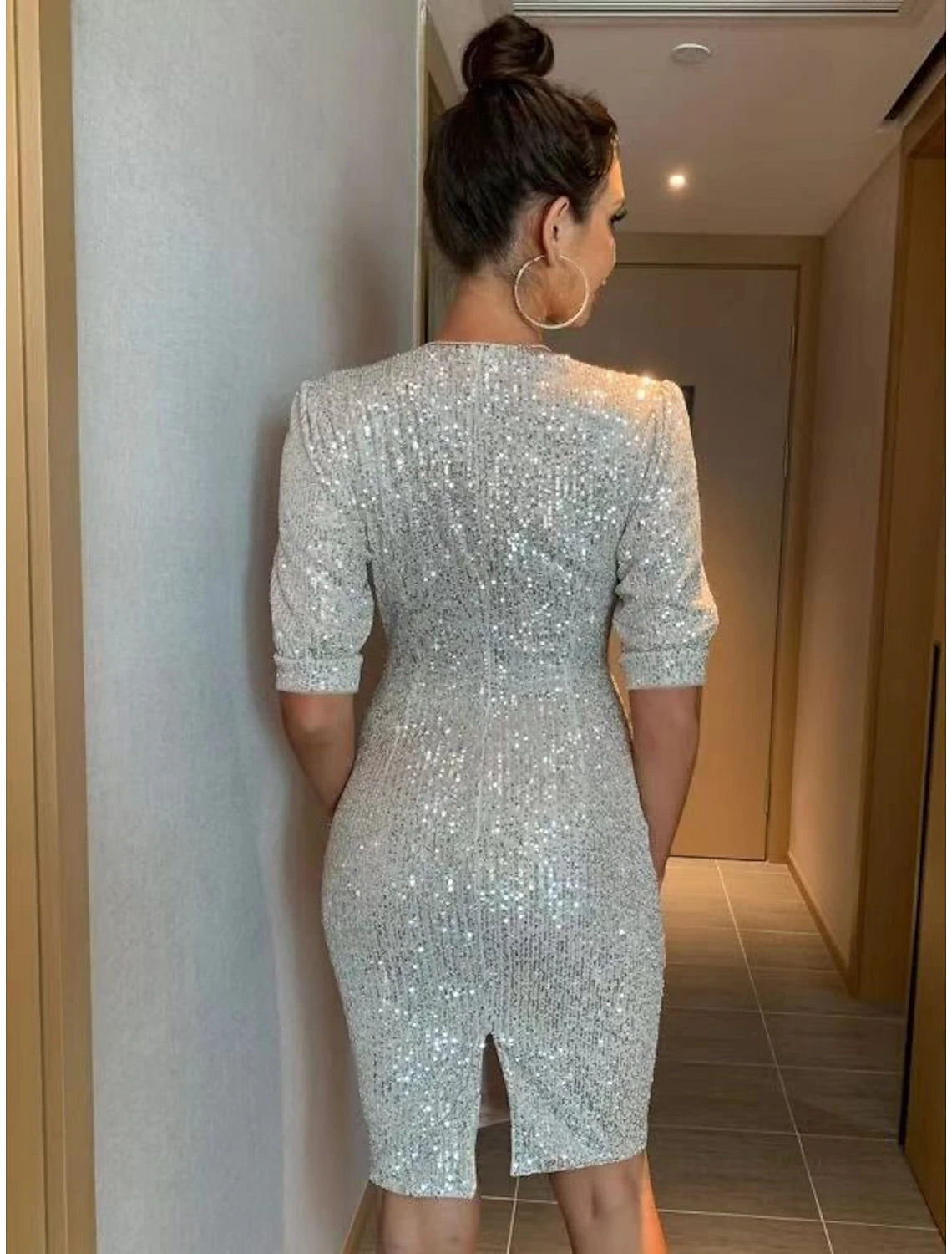 Abito da donna con paillettes argento, abito da festa, abito scintillante, abito da ballo, argento nero, manica lunga, tinta unita, estate, primavera, autunno, scollo a V, moda, abito invernale